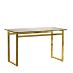 Modern Minimalist Rectangular Glass Dining Table with Tempered Glass Tabletop and Golden Chrome Metal Legs for 4-6 - Grand Goldman Shop