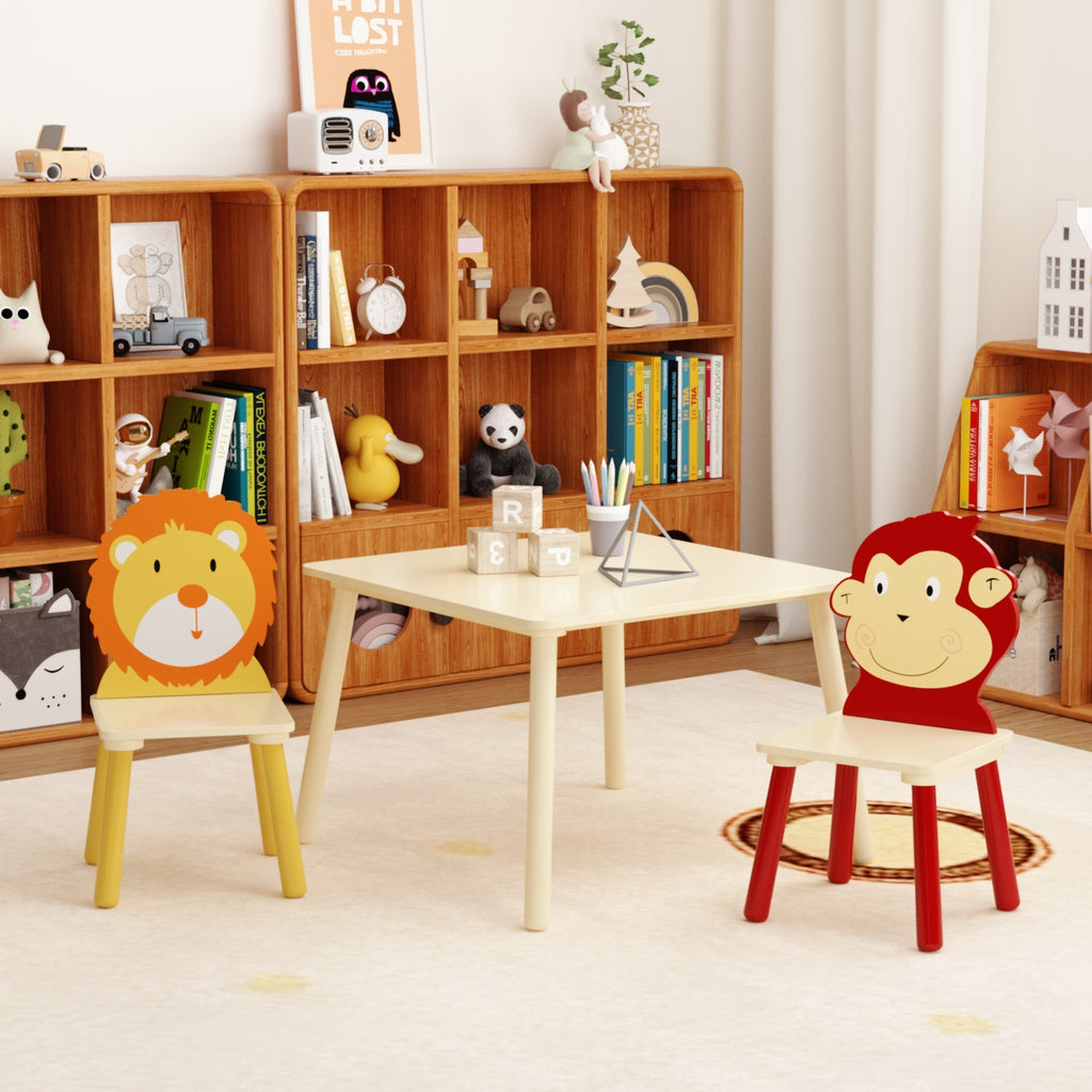 Lion & Monkey Wooden Activity Play Table Set for Kids, 3-Piece Toddler Table and Chair Set in Yellow & Red, Solid Wood & MDF,