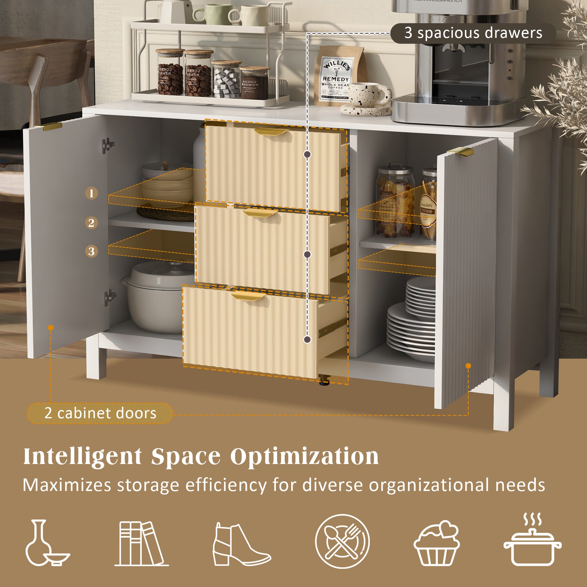 U_STYLE Sideboard with Wave Design - 3 Adjustable Shelves, 3 Drawers & Soft-Close Doors, Storage Console Table with Metal Handles, Suitable for Study, Hallway and Living Room, 3 Colors - Grand Goldman Shop
