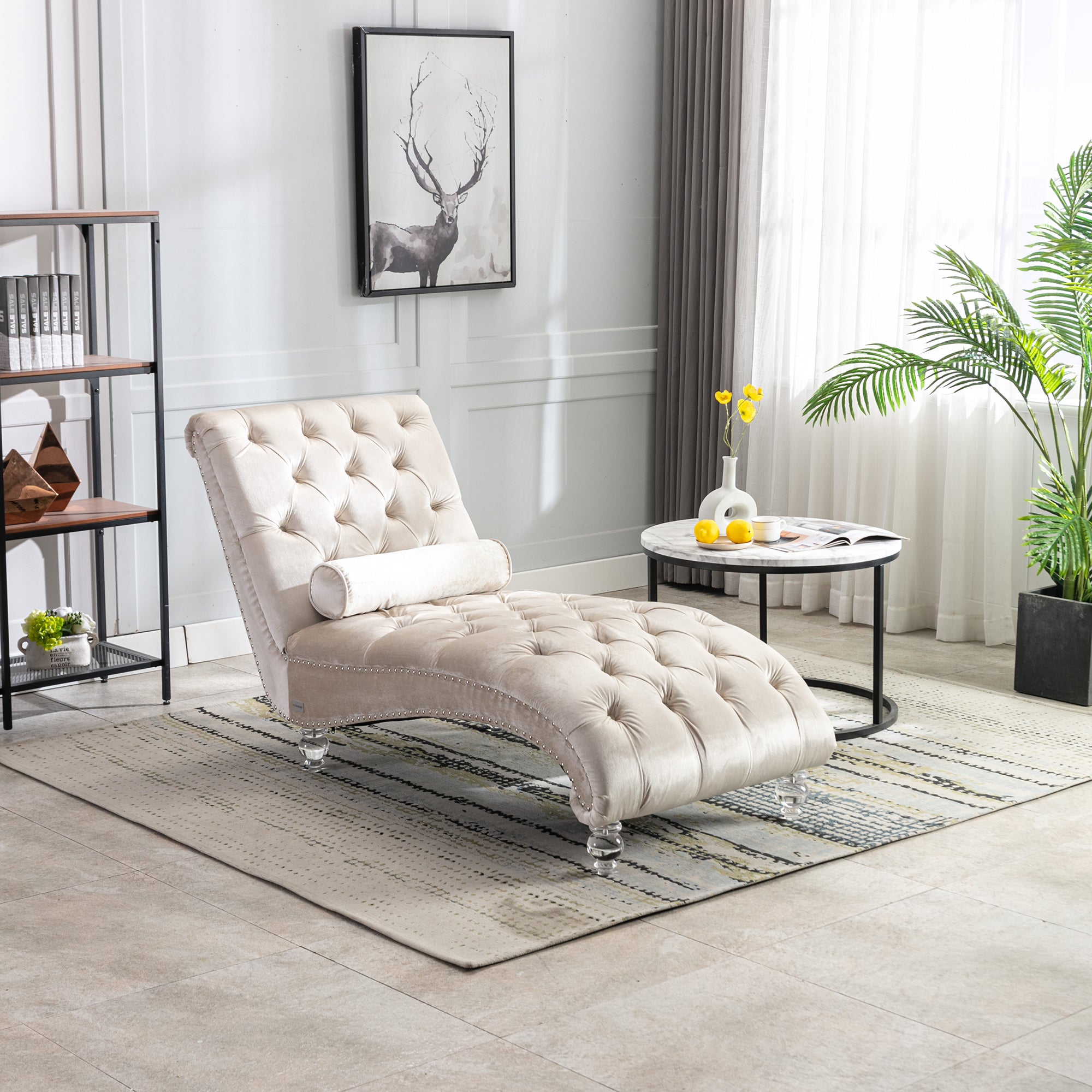 Velvet Chaise Lounge Indoor, Button-Tufted Upholstered Chair with Pillow, Beige Velvet, 63.38x28.94x34.05 inches - Grand Goldman Shop