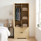 2 Door Wood Wardrobe for Bedroom with Hanging Clothing Rod inside the Cabinet and 2 Drawers for Storage Organization, Built-in induction light Multifunctional Closet with Mirror, Natural - Grand Goldman Shop