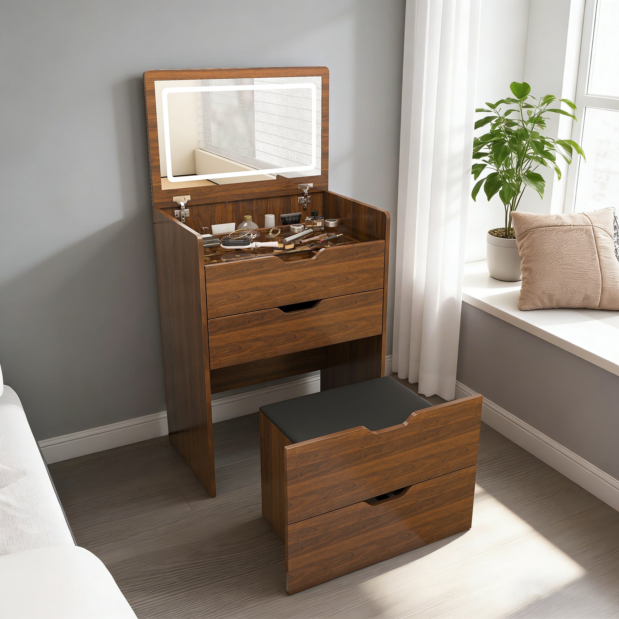 3-in-1 Vanity Desk with Lighted Mirror & Stool, Flip Top Makeup Dressing Table in Walnut Finish, Compact Storage for Bedroom, Bathroom, Dressing Room, 23.62'L - Grand Goldman Shop