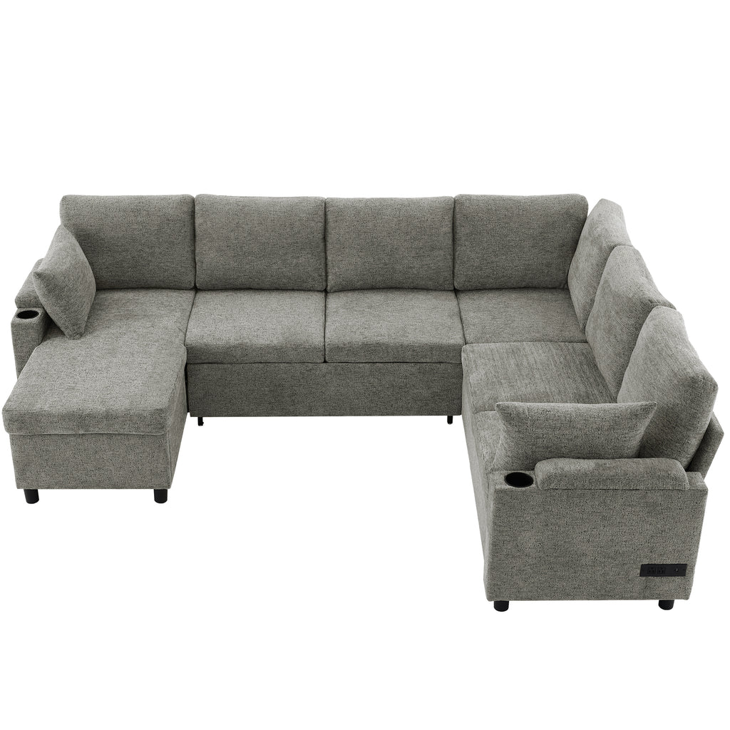 Versatile Light Grey Chenille Sectional Sofa Bed with Storage, Cup Holders & Charging Ports, 109.9' - Grand Goldman Shop