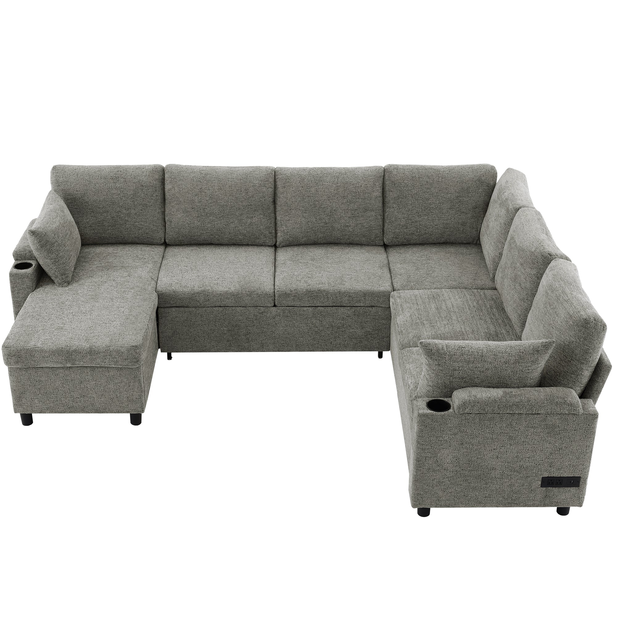 Versatile Light Grey Chenille Sectional Sofa Bed with Storage, Cup Holders & Charging Ports, 109.9' - Grand Goldman Shop