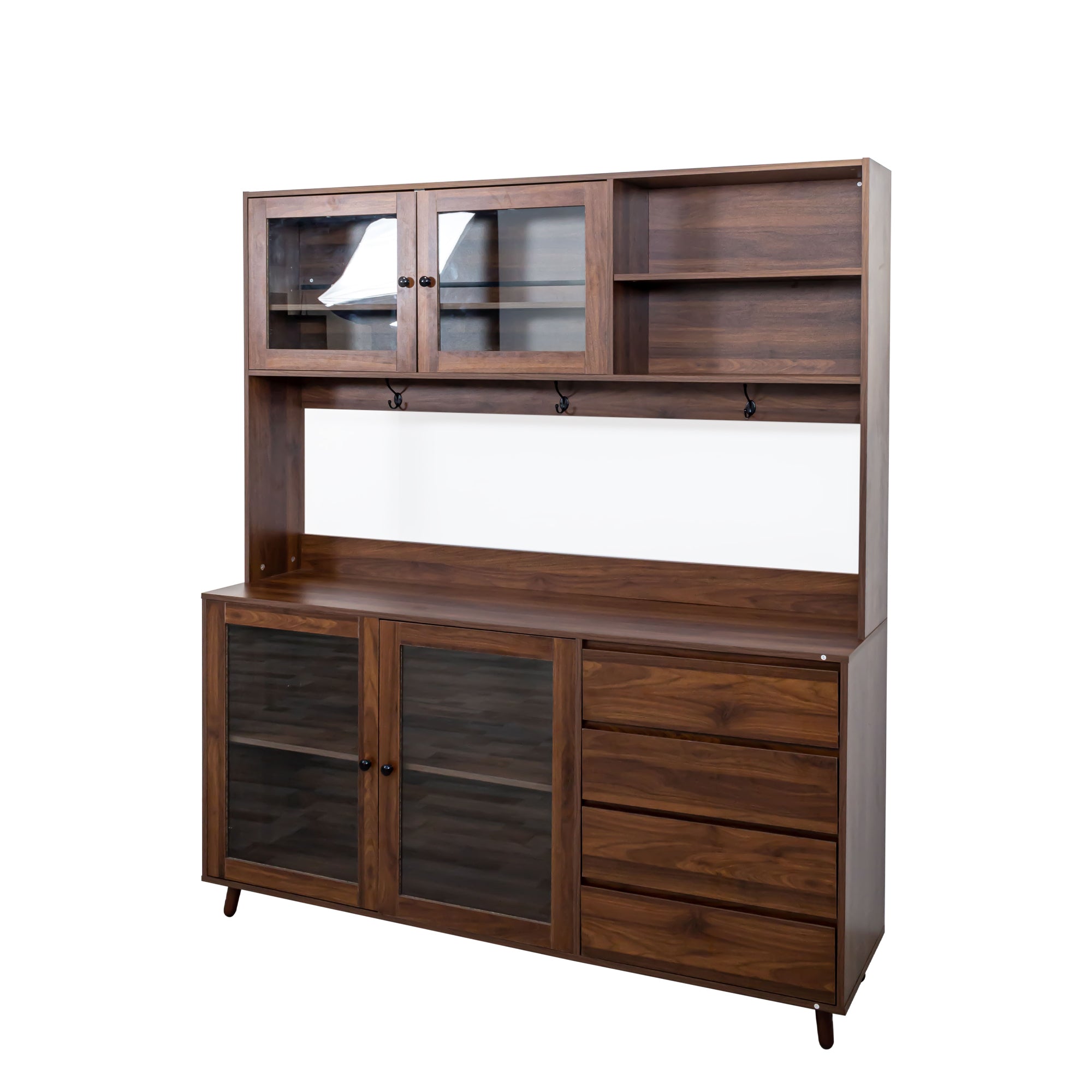 63' W Large Kitchen Hutch Cabinet, Freestanding Pantry Cabinets Storage Kitchen Cupboard with 4 Doors, 4 Drawers & Microwave Shelf, Walnut - Grand Goldman Shop