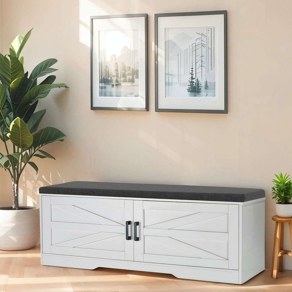 2 Tier Shoe Bench with Padded Seat, 2 Barn Doors and Adjustable Shelves, for Entryway and Living Room, White MDF - Grand Goldman Shop