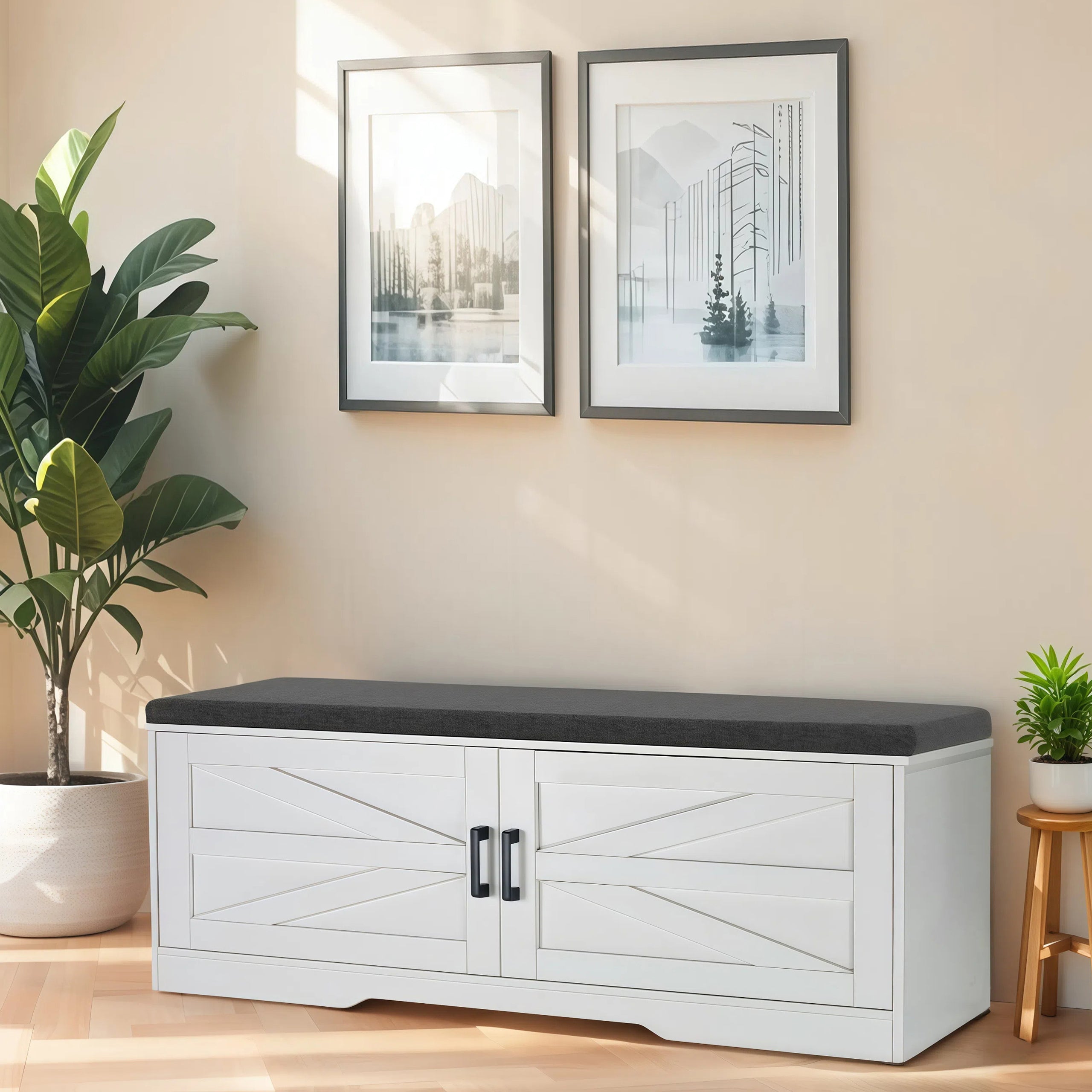 2 Tier Shoe Bench with Padded Seat, 2 Barn Doors and Adjustable Shelves, for Entryway and Living Room, White MDF - Grand Goldman Shop