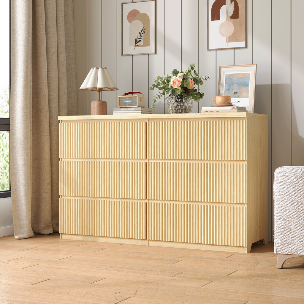 6 Drawer Storage Cabinet ,Dresser, Wood Storage Tower Clothes Organizer with Wavy drawer panel, Wide Chest of 6 Drawers, Large Storage Space for Bedroom, Hallway, Entryway Living Room Natural - Grand Goldman Shop