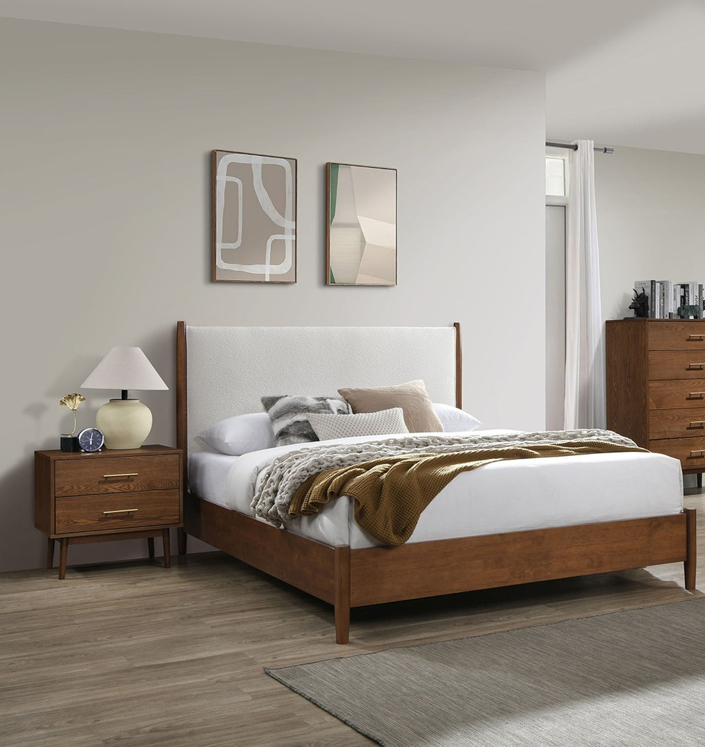 Walnut Color 3pc Bedroom Set Eastern King Size Bed 2x Nightstands Beige Upholstered Fabric Panel HB Mid-Century Modern Style - Grand Goldman Shop