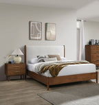 Walnut Color 3pc Bedroom Set Eastern King Size Bed 2x Nightstands Beige Upholstered Fabric Panel HB Mid-Century Modern Style - Grand Goldman Shop
