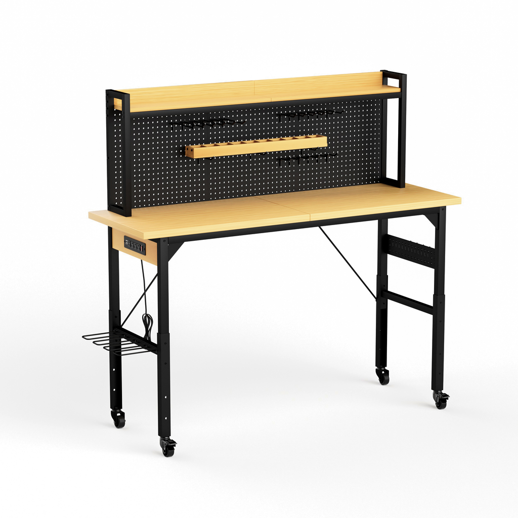 71''Adjustable Workbench with pegboard, Heavy Duty Wooden Desktop Workbench with Wheels, 1600 lb. Load Capacity, Rolling Work
