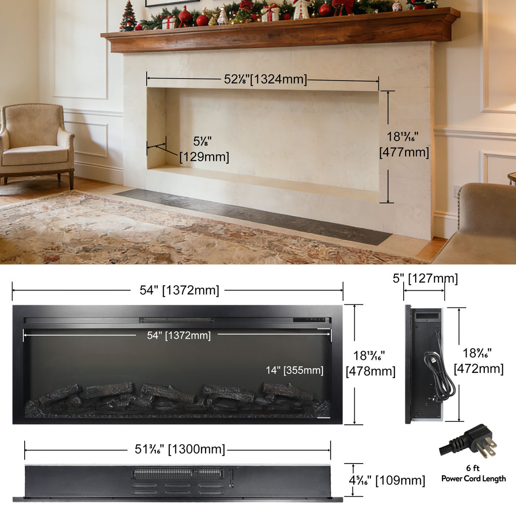 54 inch in wall recessed electric fireplace with remote and multi color flame & emberbed - Grand Goldman Shop