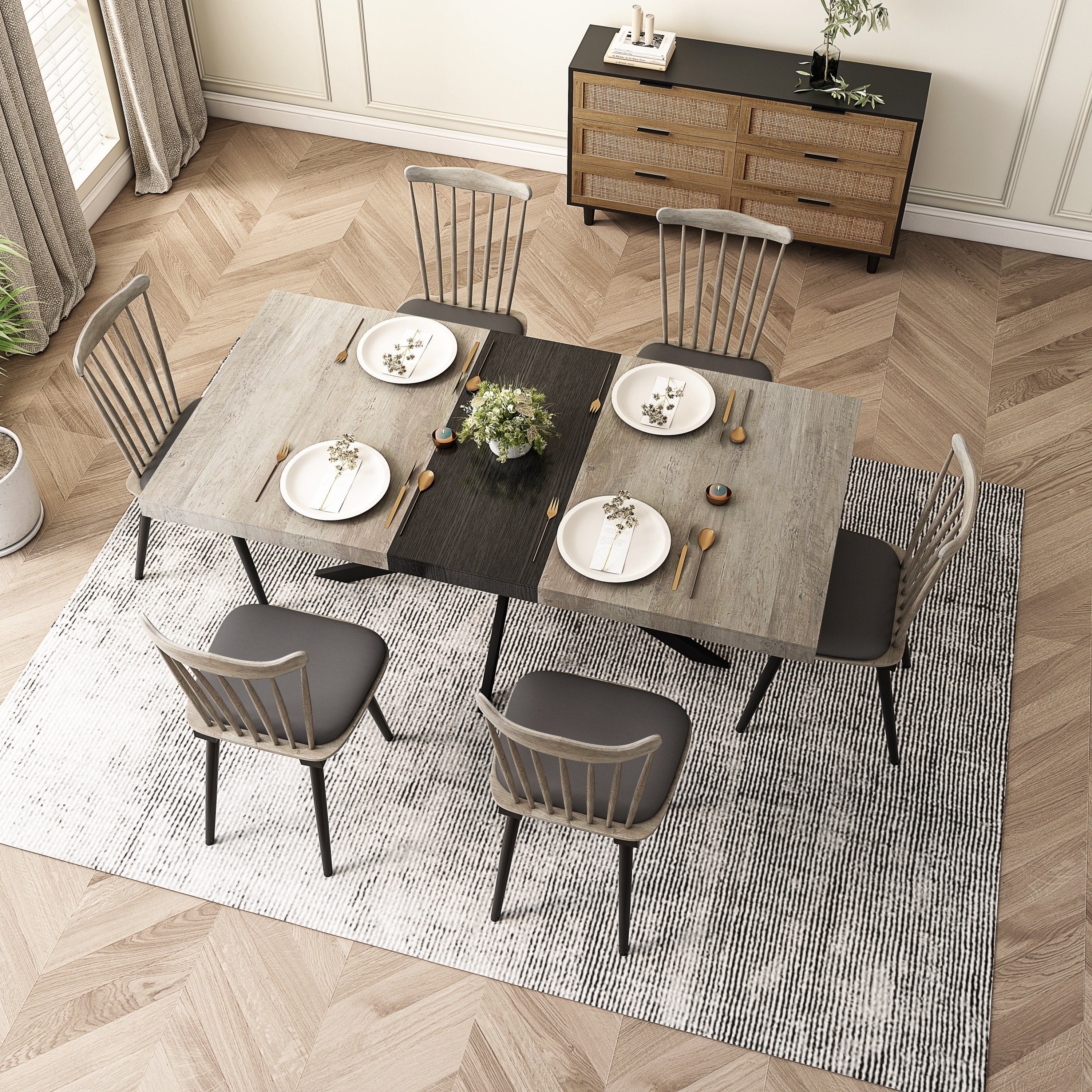 Retro Rectangular Stretch Dining Table in Grey Carole Top with Black Embossed Center Plate and Black Fine Sand Cross Iron Base, Storage Box Included, 55.11''-70.86'' Expandable - Grand Goldman Shop
