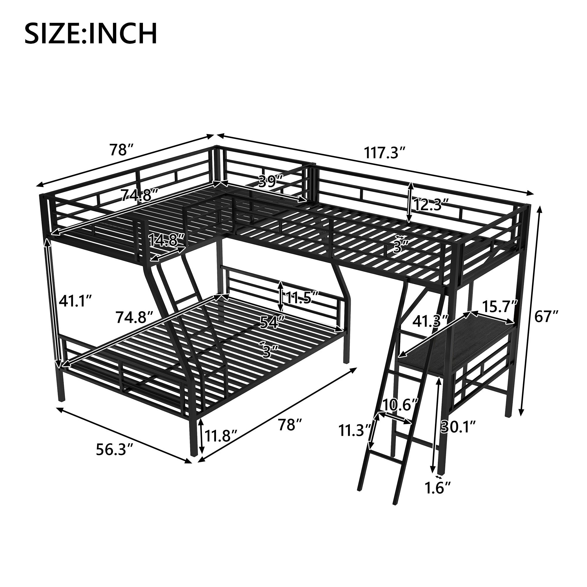 Twin over Full Bunk Bed with Loft and Desk, Metal Black, L-Shaped Design for 3 Sleepers - Grand Goldman Shop