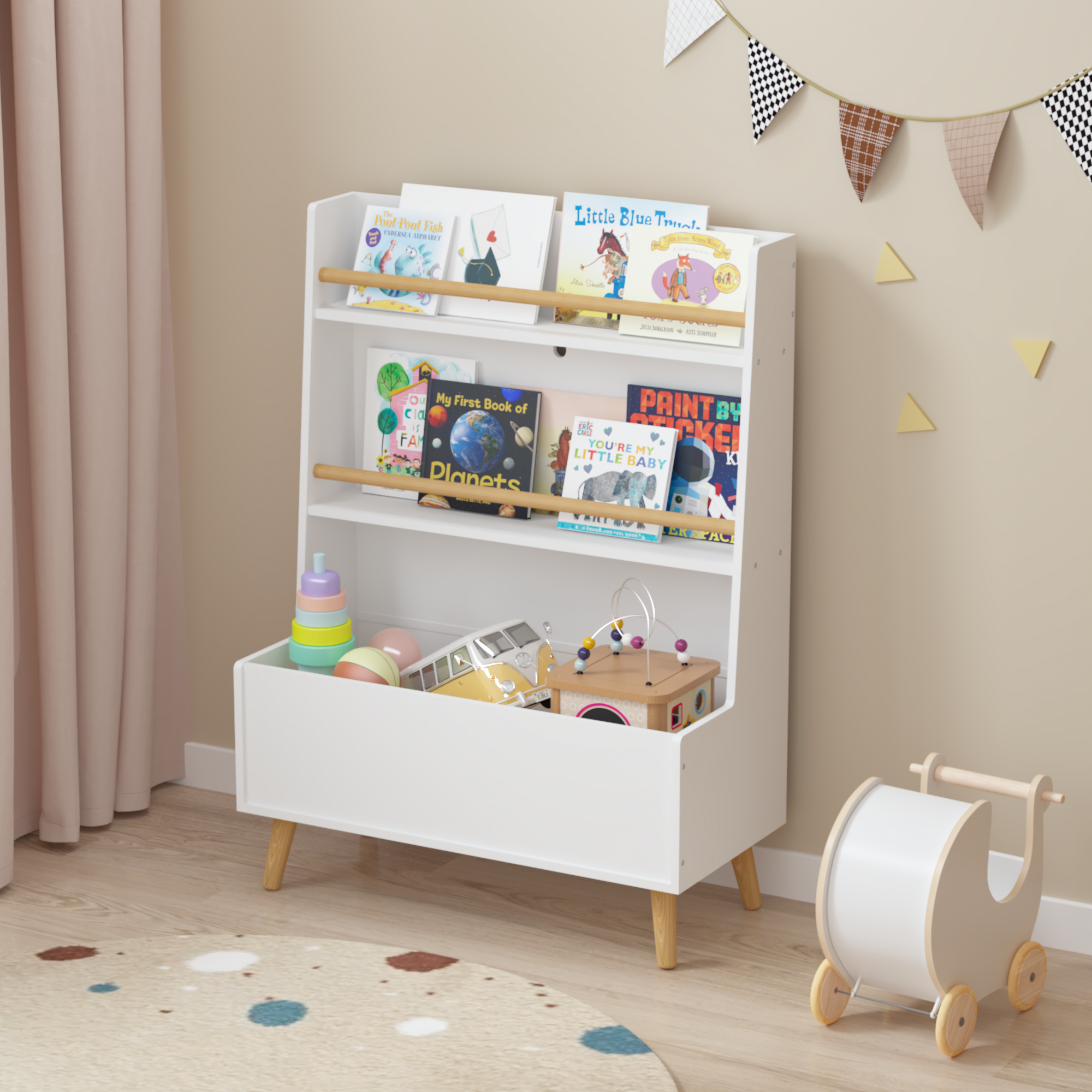 Kids Bookshelf White MDF and Pine Legs Book Organizer with Toy Storage, 26.77 x 12.60 x 36.61 inches - Grand Goldman