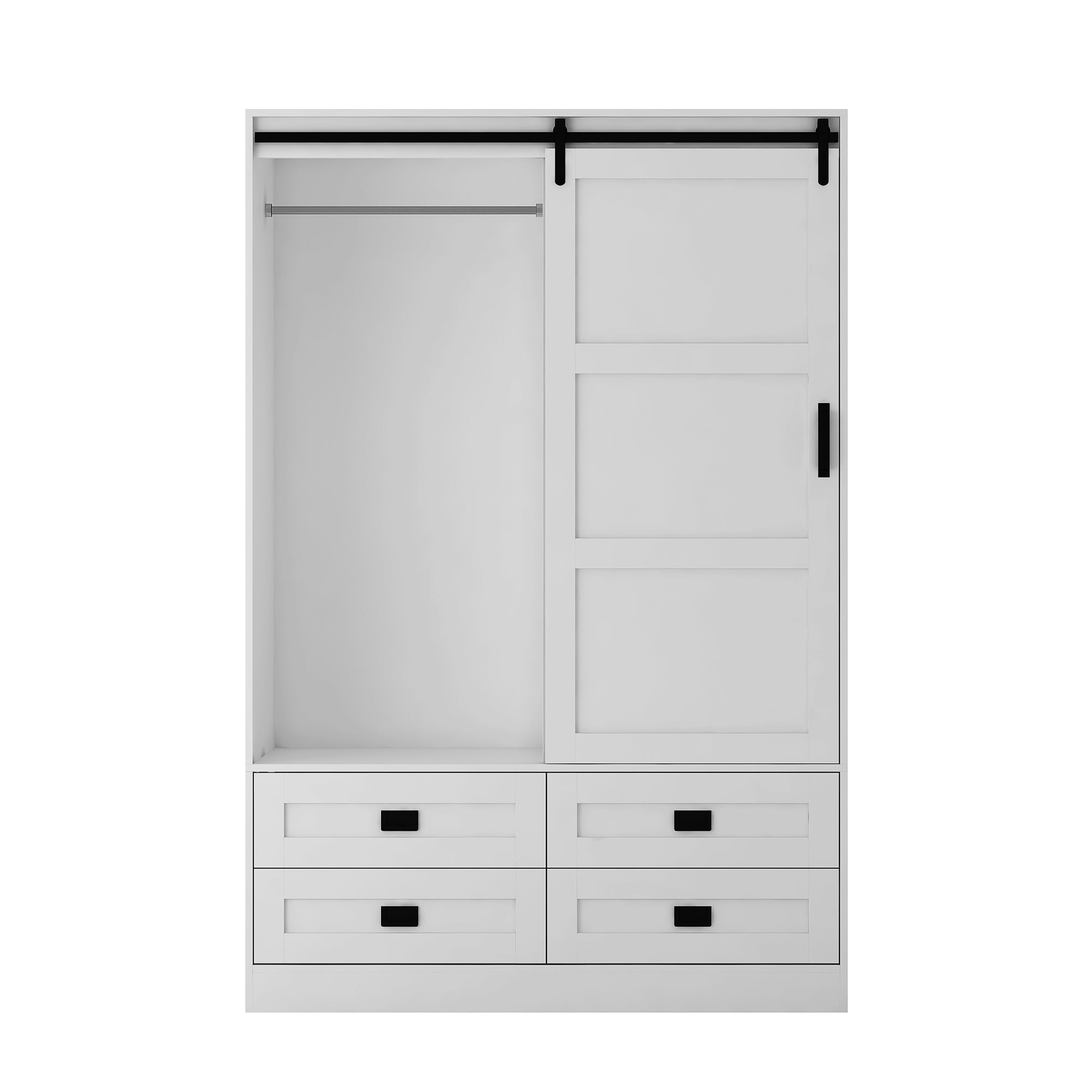 Tall Bedroom Armoire Wardrobe Closet Clothing Storage Cabinet with Hanging Rod Barn Door Drawers Open Shelves - Grand Goldman Shop