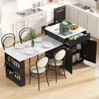 K&K 82.6' Fluted Kitchen Island with Extendable Dining Table for 4-6, Island Table for Kitchen with Power Outlet, Kitchen Table with Double-Side Storage, 2 Drawers 2 Side Open Shelves, Black - Grand Goldman Shop