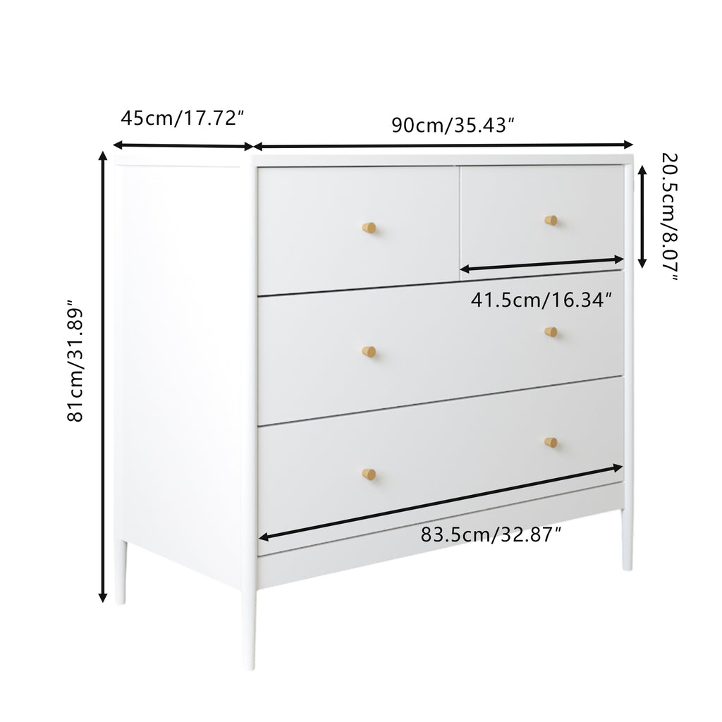 White 4-Drawer Kids Dresser with Antique Brass Pulls, Wooden Storage Cabinet for Nursery or Toddler Bedroom, 35.4' Wide - Grand Goldman Shop
