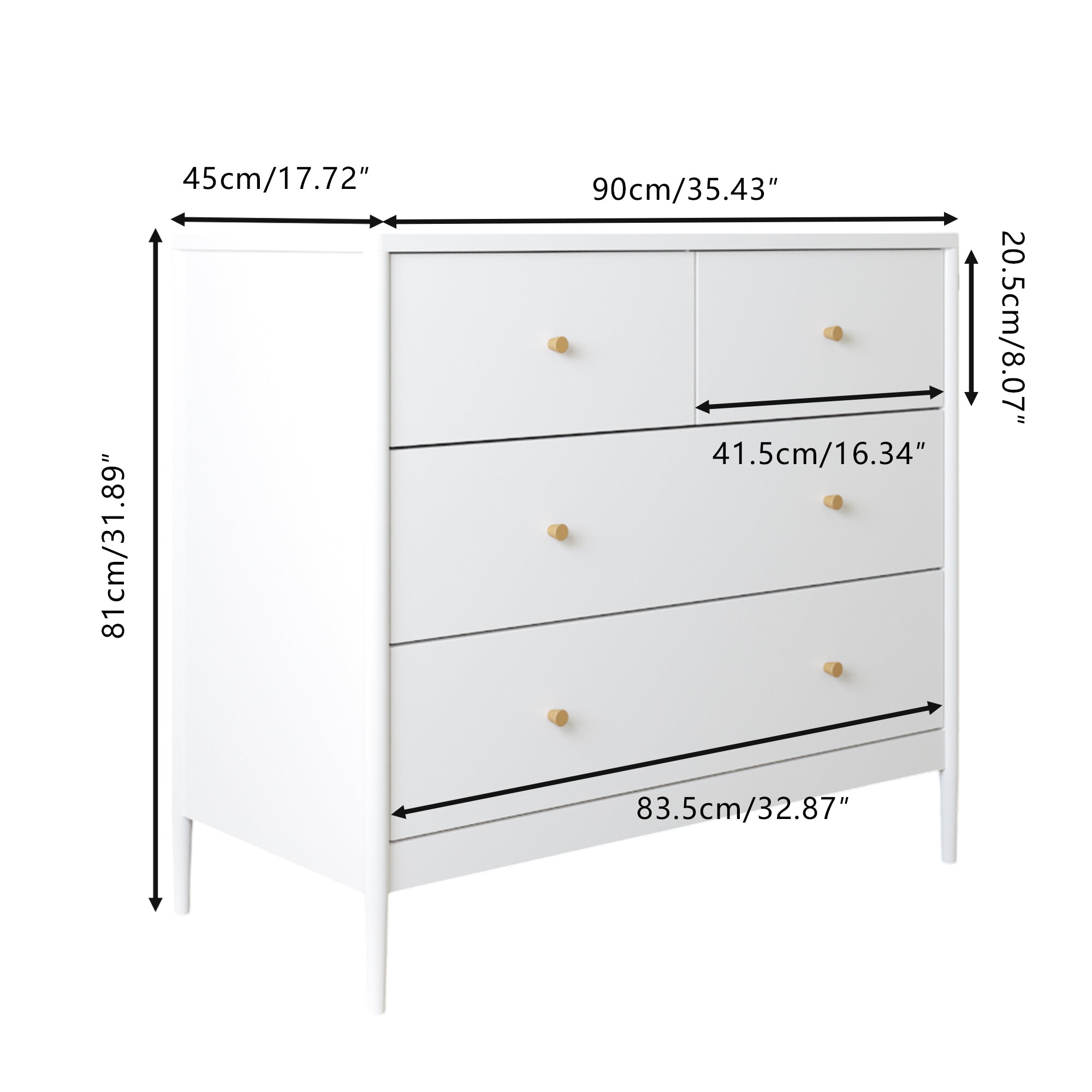 White 4-Drawer Kids Dresser with Antique Brass Pulls, Wooden Storage Cabinet for Nursery or Toddler Bedroom, 35.4' Wide - Grand Goldman Shop