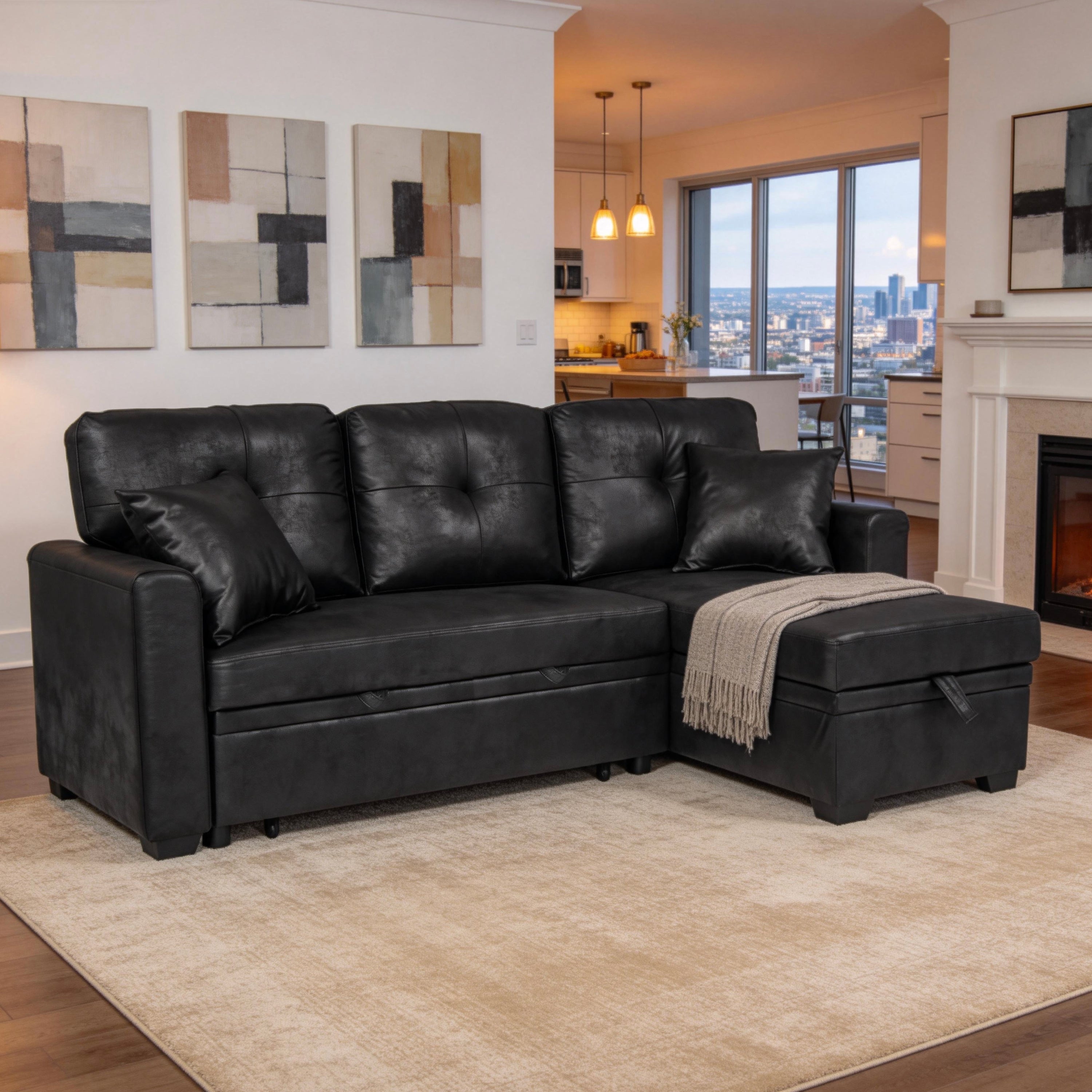 Sleeper Sofa, Sectional with Pull-Out Bed, Reversible Chaise, Storage Sectional, Foil Fabric, Small Space Solution, Convertible Sofa Bed - Grand Goldman Shop