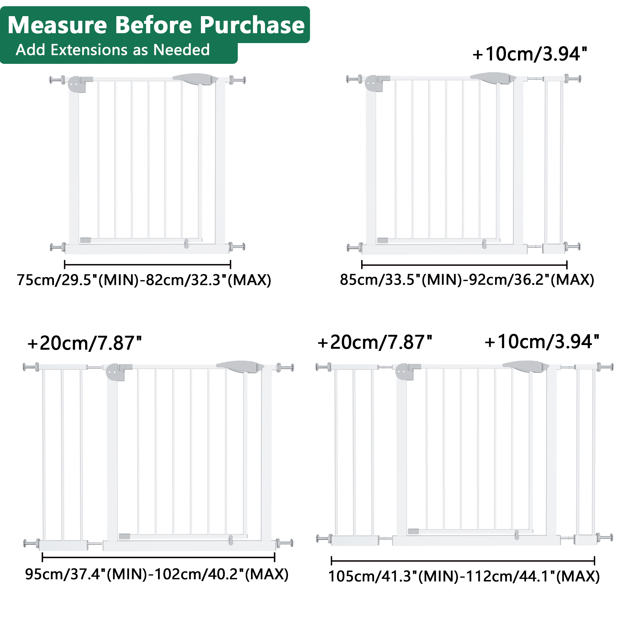 White Pressure-Mounted Baby Gate for Stairs, 29.5-44.1' Wide, Steel and ABS Construction, Easy Walk-Through Design for Kids a