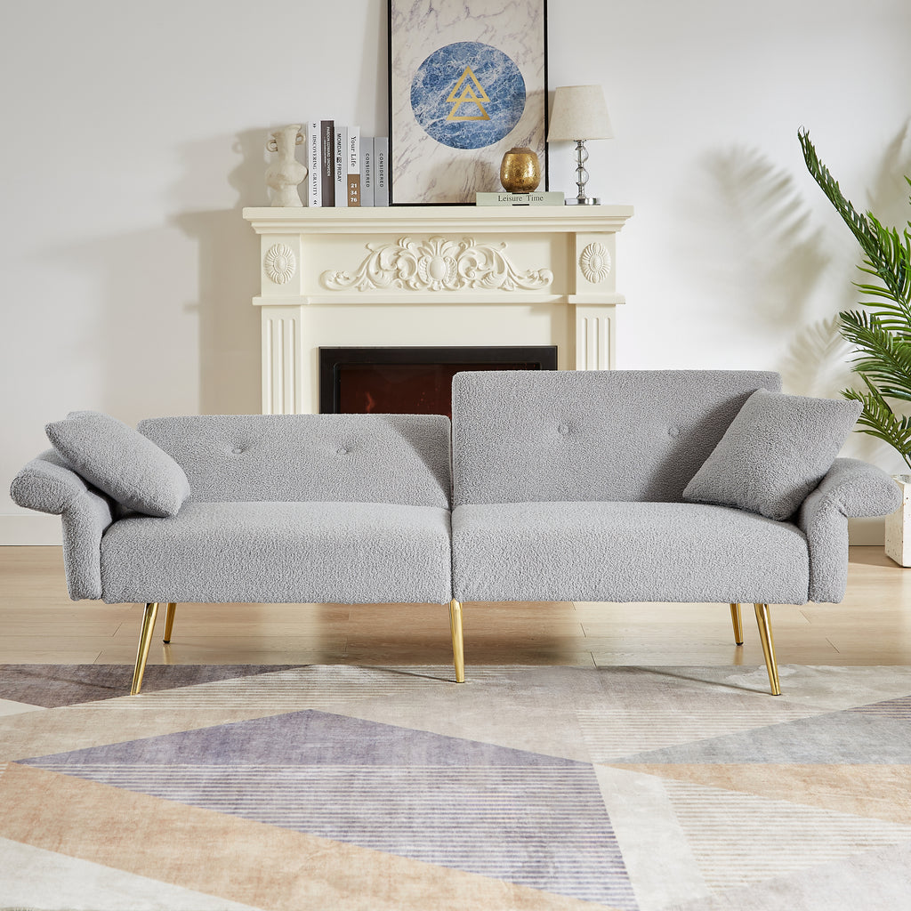 Modern Teddy Upholstered Accent Loveseat Sofa With Side Pocket,Folding Sleeper Sofa Bed With Foldable Armrest , Adjustable Backrest and Golden Metal Legs for Living Room,Grey - Grand Goldman Shop