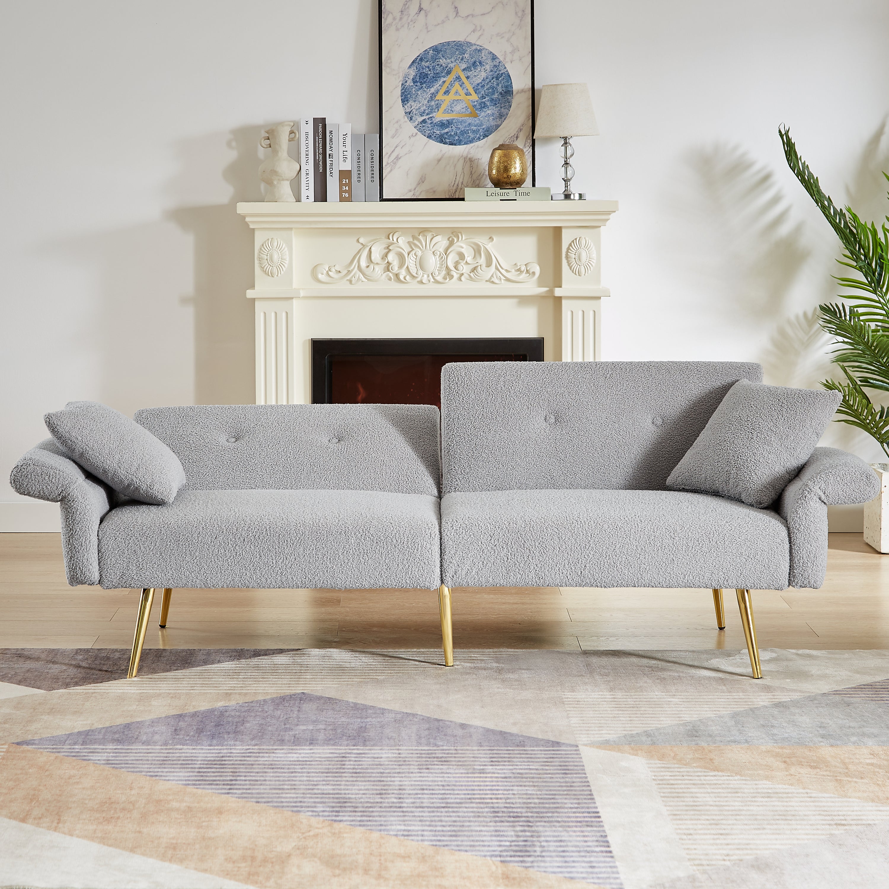 Modern Teddy Upholstered Accent Loveseat Sofa With Side Pocket,Folding Sleeper Sofa Bed With Foldable Armrest , Adjustable Backrest and Golden Metal Legs for Living Room,Grey - Grand Goldman Shop