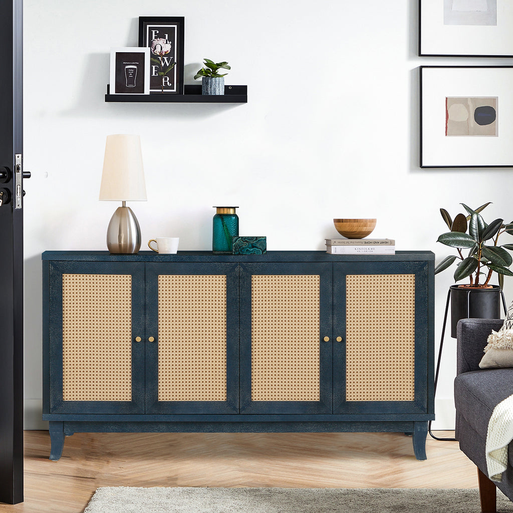 Handcrafted Premium Grain Panels,Rattan Sideboard Buffer Cabinet,Accent Storage Cabinet With 4 Rattan Doors, Modern Storage Cupboard Console Table with Adjustable Shelves for Living Room ,BLUE - Grand Goldman Shop