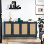 Handcrafted Premium Grain Panels,Rattan Sideboard Buffer Cabinet,Accent Storage Cabinet With 4 Rattan Doors, Modern Storage Cupboard Console Table with Adjustable Shelves for Living Room ,BLUE - Grand Goldman Shop