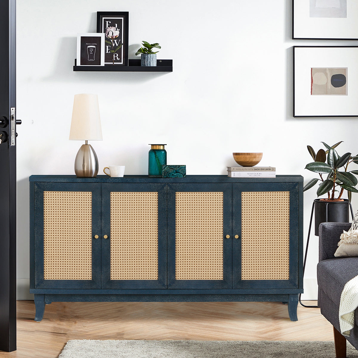 Handcrafted Premium Grain Panels,Rattan Sideboard Buffer Cabinet,Accent Storage Cabinet With 4 Rattan Doors, Modern Storage Cupboard Console Table with Adjustable Shelves for Living Room ,BLUE - Grand Goldman Shop