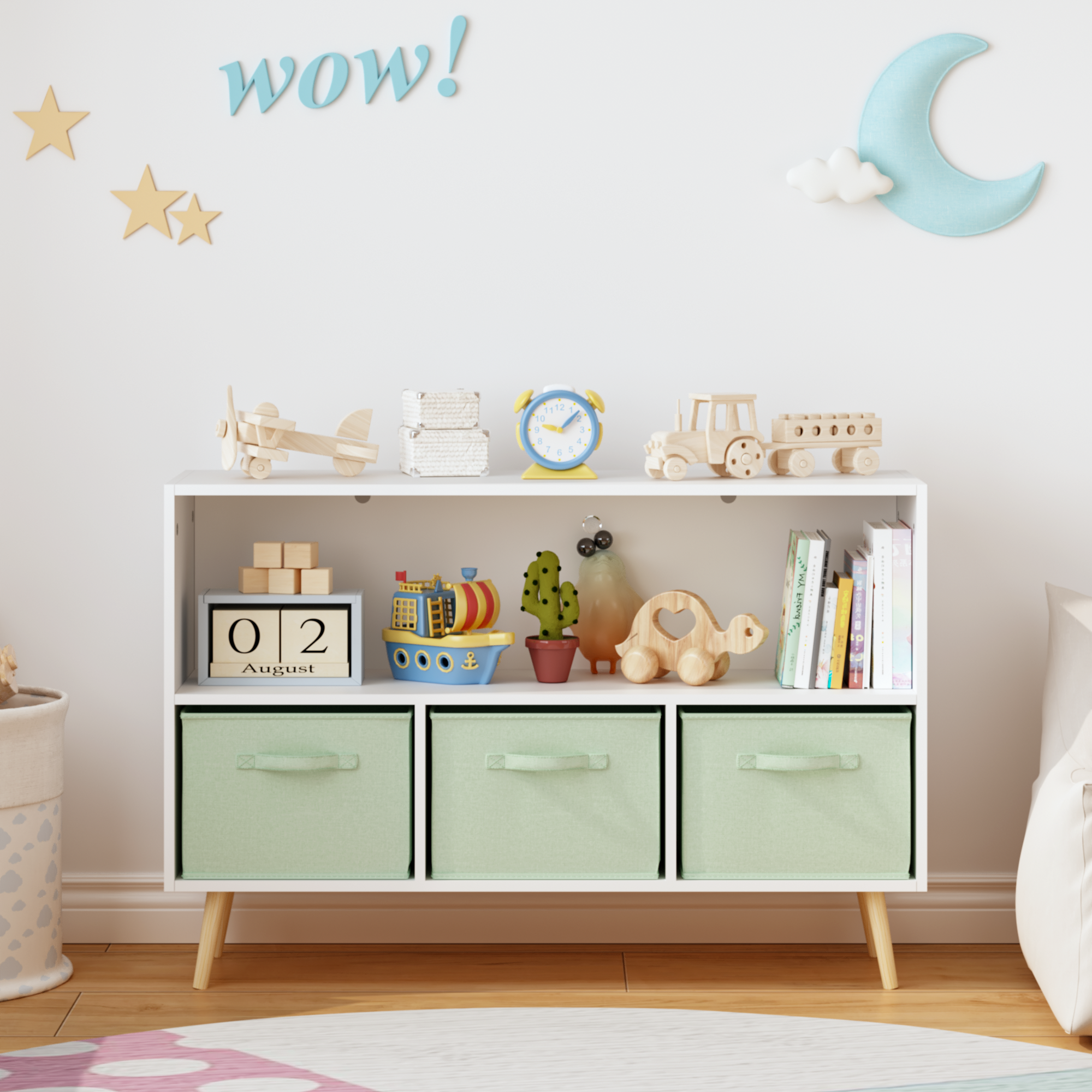 Kids bookcase with Collapsible Fabric Drawers, Children's Book Display, Toy Storage Cabinet Organizer, White/Green | Premium 