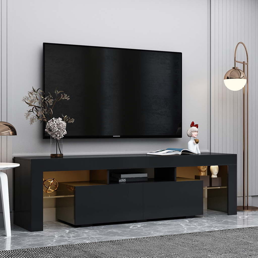Modern Black TV Stand, 20 Colors LED TV Stand w/Remote Control Lights - Grand Goldman Shop