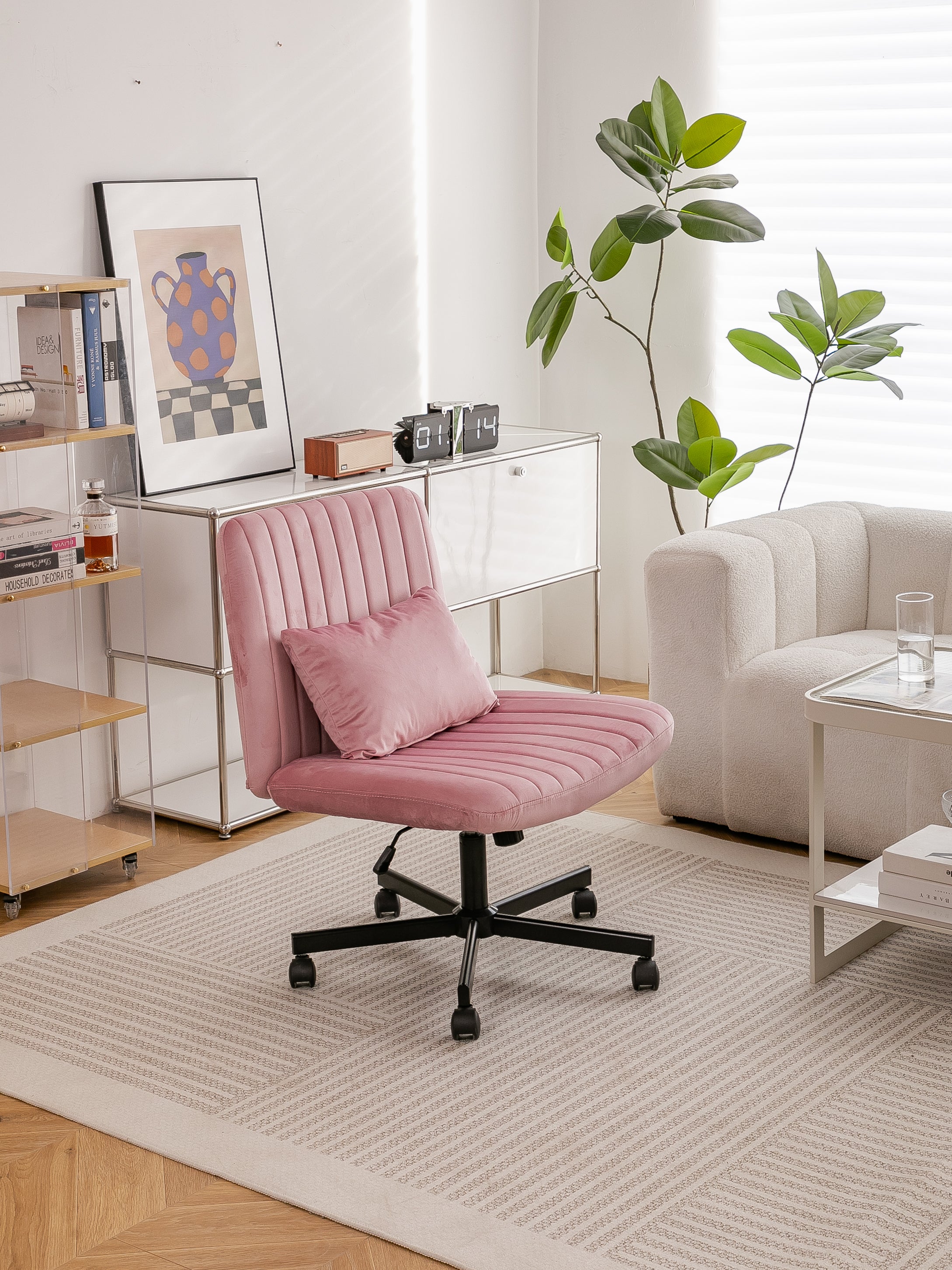 Light Pink Velvet Criss Cross Armless Office Chair with Wheels - Comfortable & Stylish for Home Office, Meditation, and Makeu