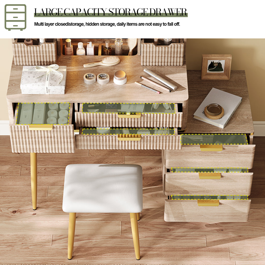 7-Drawer Vanity Desk with LED Mirror & Carved Details, Fluted Makeup Table with Metal Legs and PU Stool, Carved Dressing Table with Jewelry Storage for Bedroom - Grand Goldman Shop