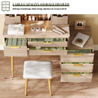 7-Drawer Vanity Desk with LED Mirror & Carved Details, Fluted Makeup Table with Metal Legs and PU Stool, Carved Dressing Table with Jewelry Storage for Bedroom - Grand Goldman Shop