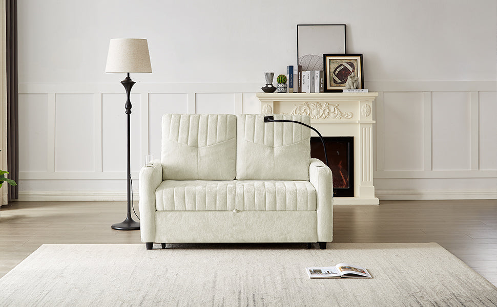 Modern 53.9' Loveseat Pull-out Sofa Bed with Adjustable Backrest, Cup Holders, Charging Ports & Side Storage in Beige Chenille - Grand Goldman Shop