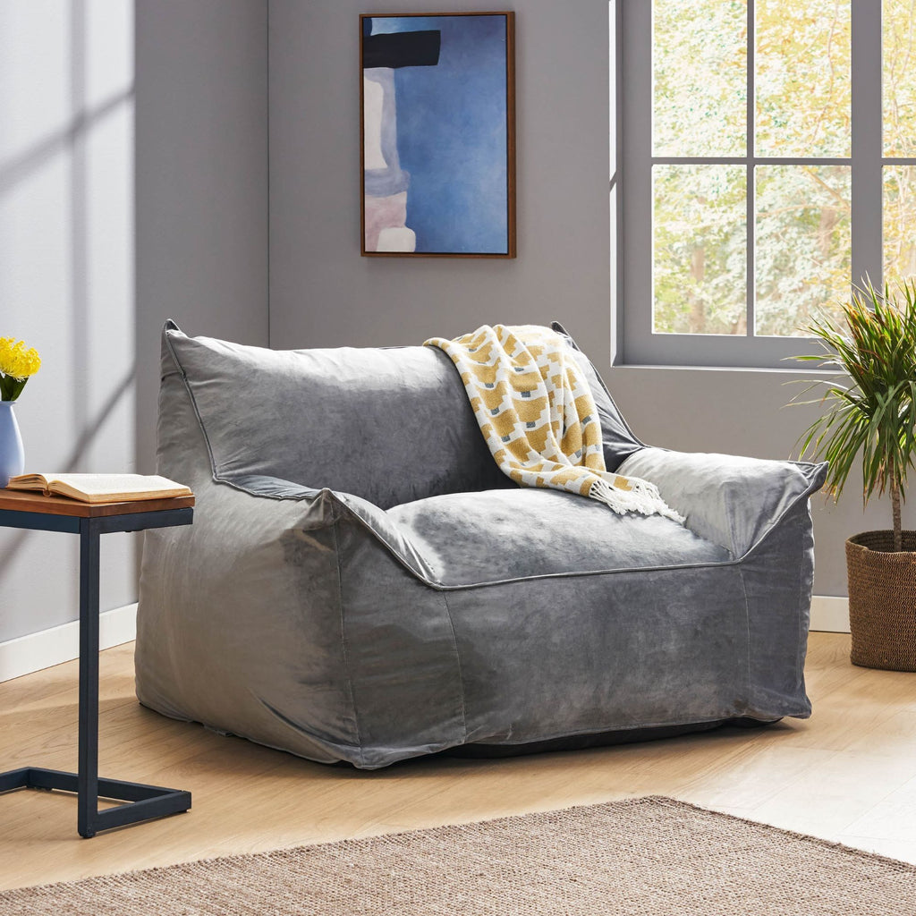 Allea Velveteen Bean Bag Chair with Armrests, Soft Grey Velvet, Cozy and Spacious - Grand Goldman Shop