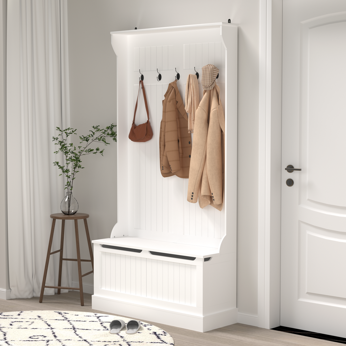 Entryway Bench with Standing Coat Rack, Hall Tree with Shoe Storage Bench, Entryway Organizer with 5 Hooks, White - Grand Goldman Shop