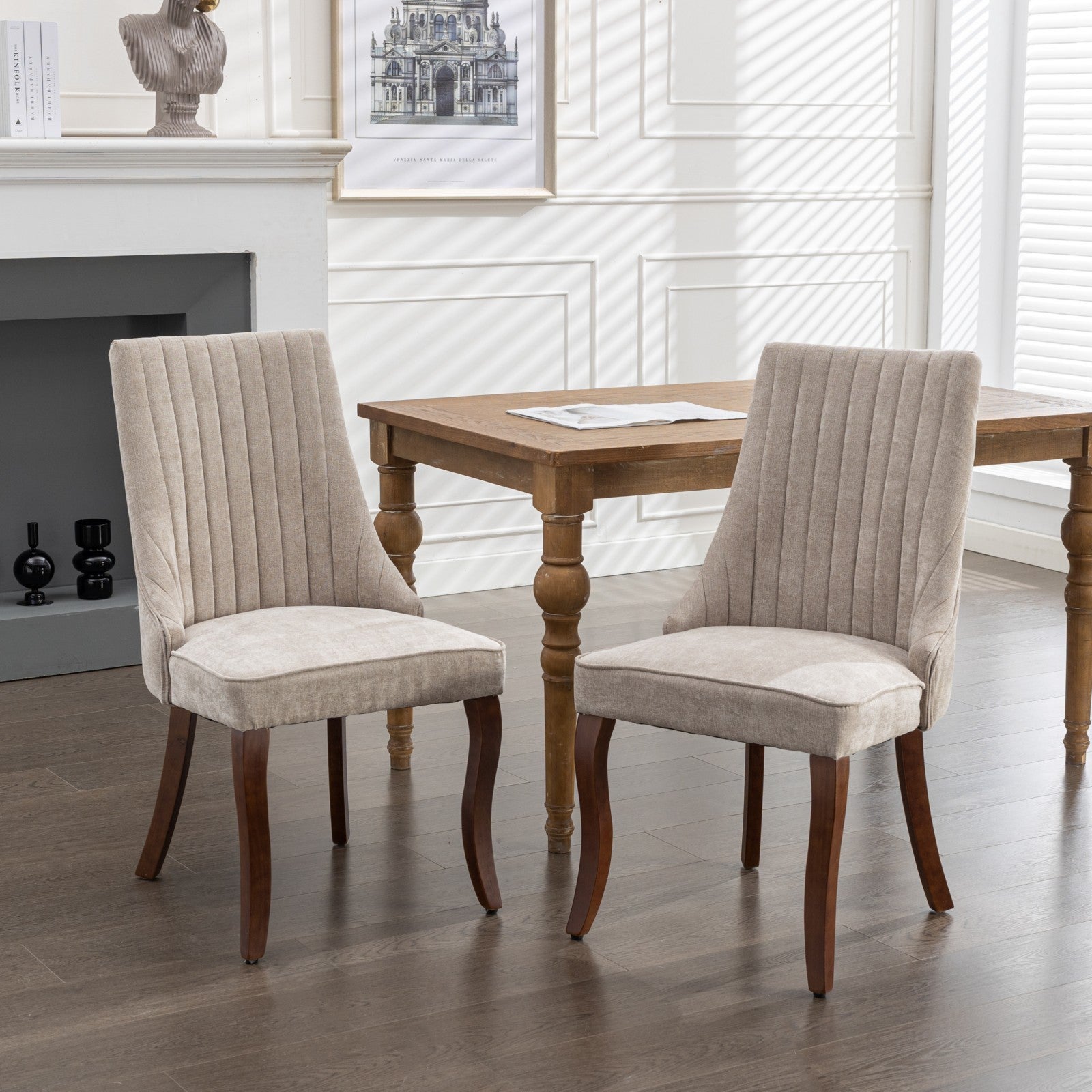 Rayon Cloth Flocking Linen Dining Chairs Channel Kitchen Dinner Chair Comfy Fabric Upholstered Accent Chair for Dining Room with Curved Solid Wood Legs,Set of 2 (Beige), SW1847BG - Grand Goldman Shop
