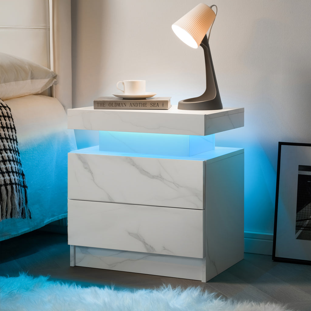 Nightstand LED Bedside Table Cabinet Lights Modern End Side with 2 Drawers for Bedroom (White Stone) - Grand Goldman Shop