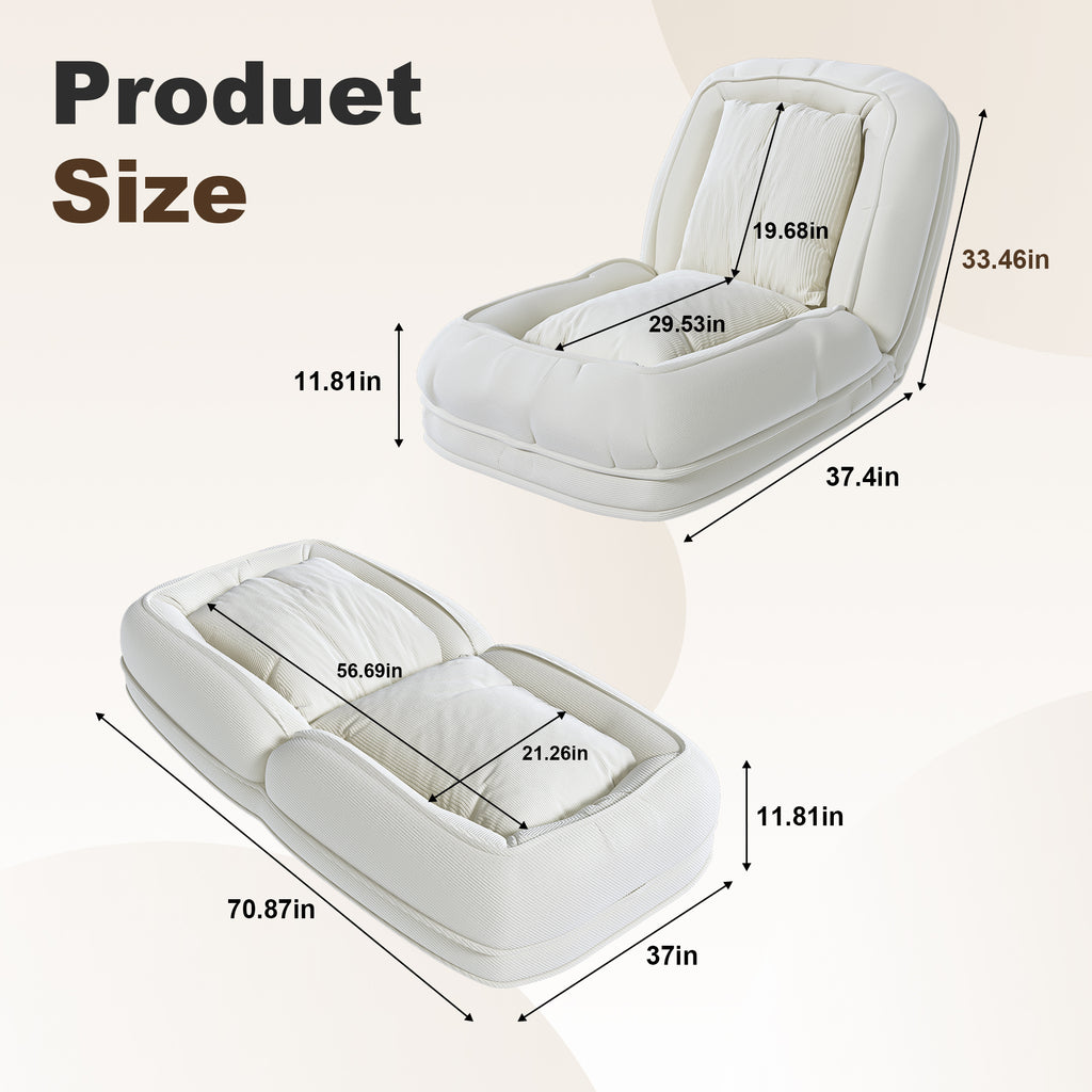 Upholstered Foldable Lazy Sofa Bed for Adults and Pets, Adjustable Recliner with 5 Positions, Off White Corduroy, 70.87 x 37.40 x 11.02 inches - Grand Goldman Shop