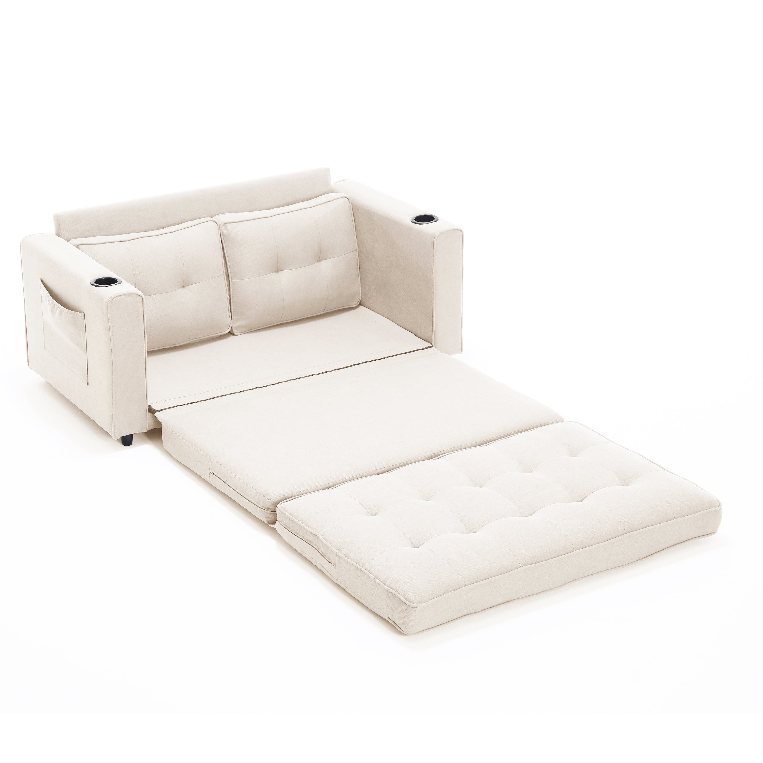 {VIDEO Provided}3-in-1 Upholstered Futon Sofa Convertible Sofa bed,Foldable Tufted Loveseat with Pull Out Sleeper Couch Bed,Folding Mattres Love Seat Daybed W/Side Pockets and Cup Holder, Beige - Grand Goldman Shop