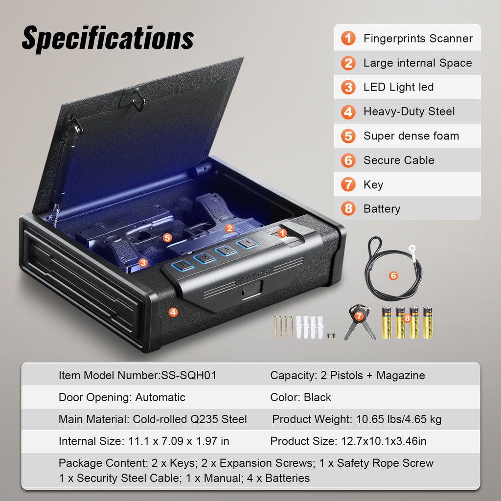 Gun Safe for Pistols, Biometric Gun Safe with Three Quick Access Ways of Fingerprints, Passwords and Keys, Handgun Safe for 2