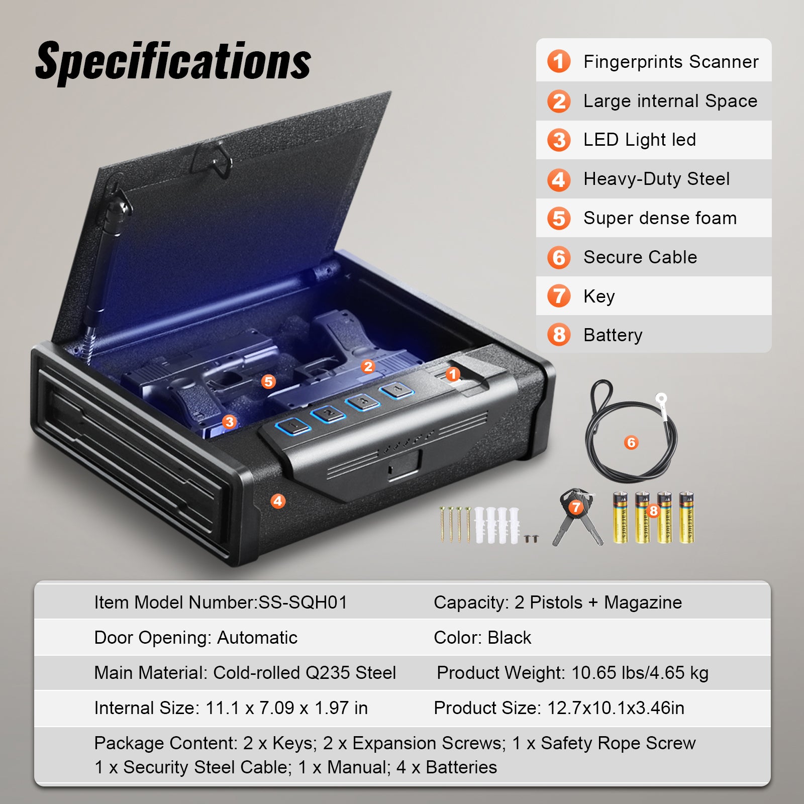 Gun Safe for Pistols, Biometric Gun Safe with Three Quick Access Ways of Fingerprints, Passwords and Keys, Handgun Safe for 2
