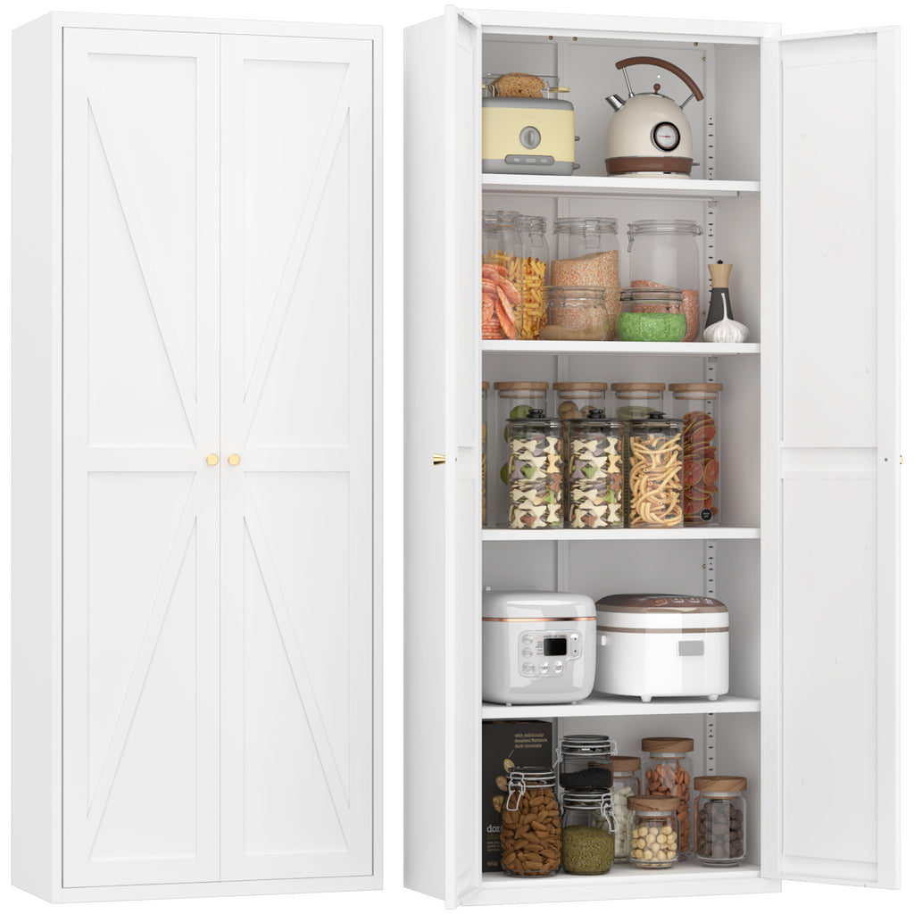 White Metal Adjustable 2-Door Storage Cabinet with Powder-Coated Steel, Tall Kitchen Pantry Cabinet with Adjustable Shelves f