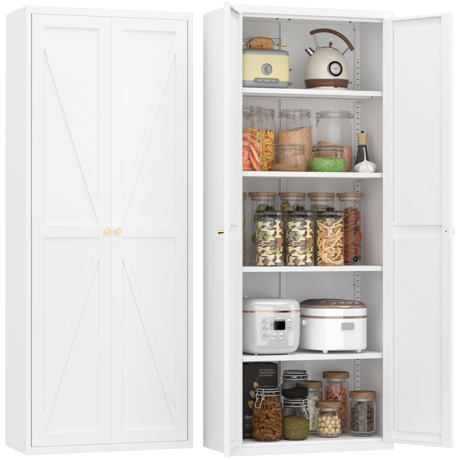 White Metal Adjustable 2-Door Storage Cabinet with Powder-Coated Steel, Tall Kitchen Pantry Cabinet with Adjustable Shelves f