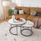 Nesting Coffee Table Set of 2, 27.6inch Round Wood Marble Pattern Top with Sturdy Metal Frame, White Living Room End Tables for Bedroom Balcony Yard - Grand Goldman Shop