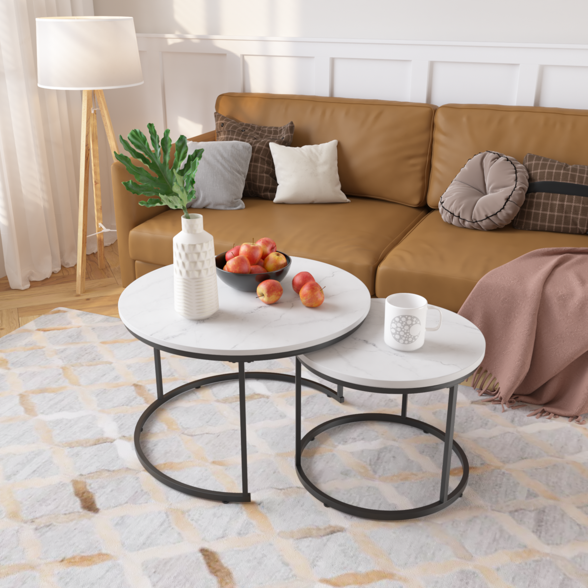 Nesting Coffee Table Set of 2, 27.6inch Round Wood Marble Pattern Top with Sturdy Metal Frame, White Living Room End Tables for Bedroom Balcony Yard - Grand Goldman Shop