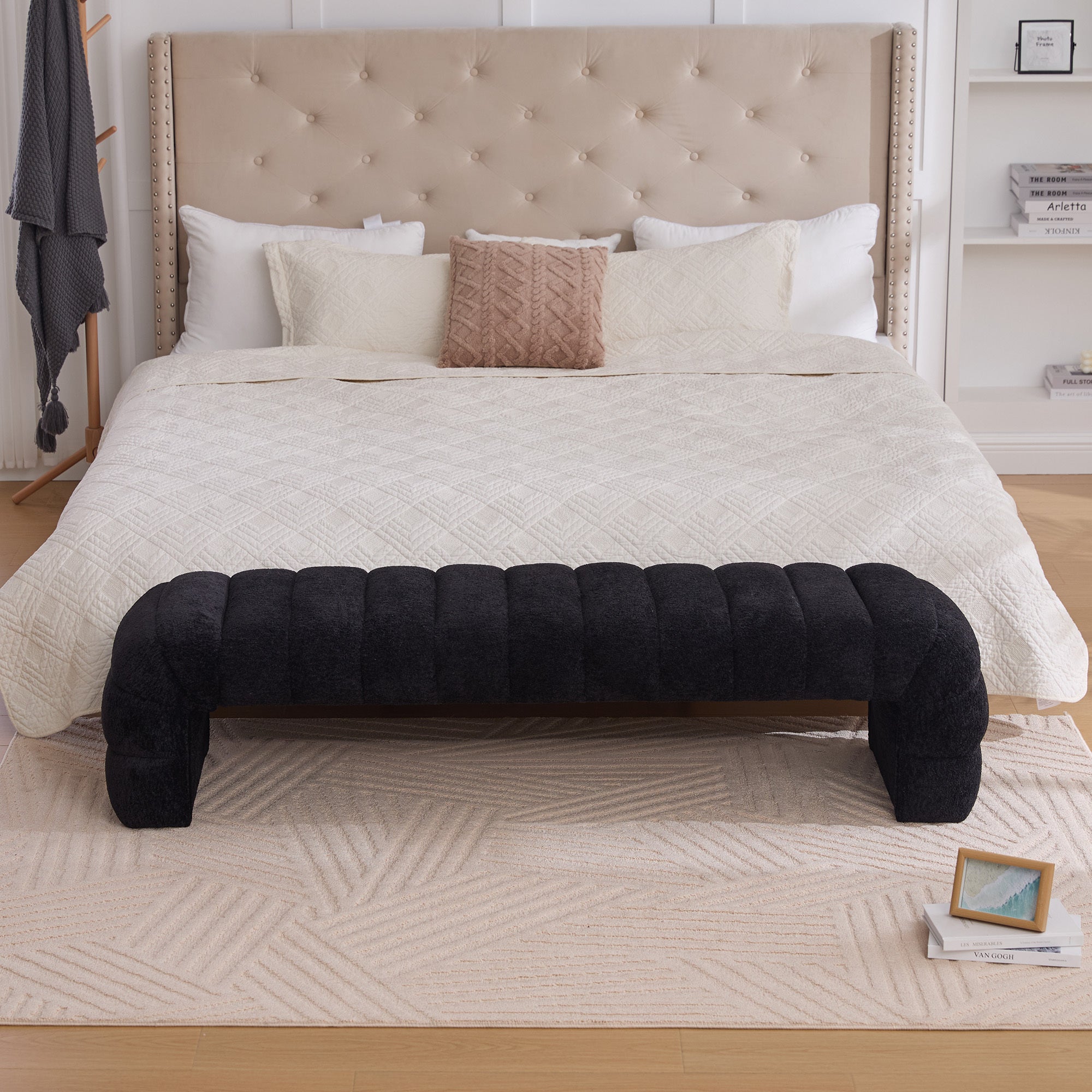 Modern Upholstered Armless Bed Bench with Channel Tufted Design in Black Chenille - Grand Goldman Shop