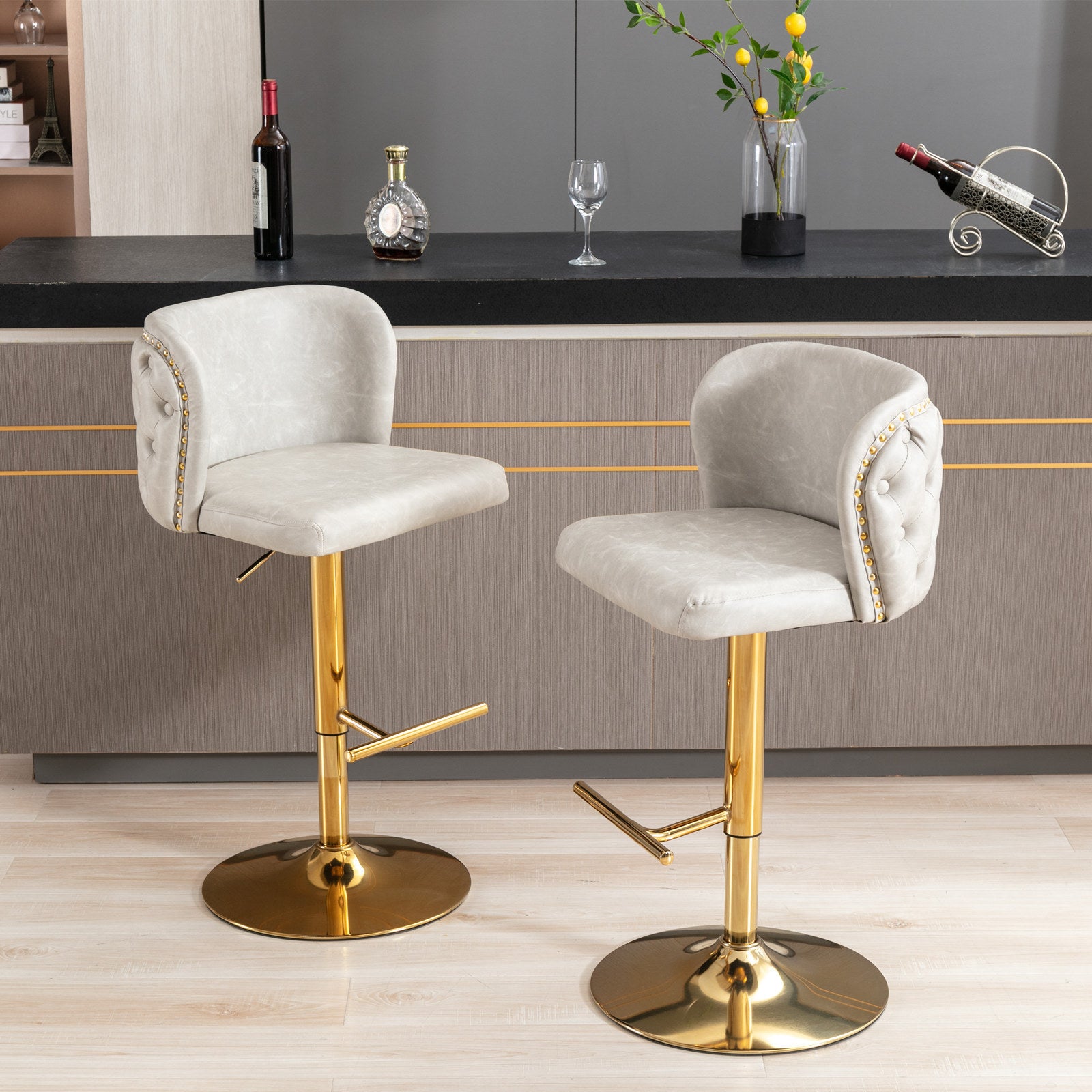 A&A Furniture,Swivel Barstools Adjusatble Seat Height, Modern PU Upholstered Bar Stools with  the whole Back Tufted, for Home Pub and Kitchen Island（Beige, Set of 2） - Grand Goldman Shop